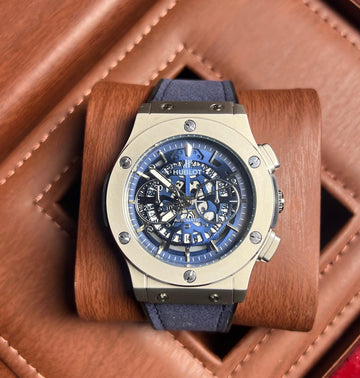 HUBLOT Skeleton Chronograph – “Azure Engine” Edition Mechanical Depth. Electric Elegance.